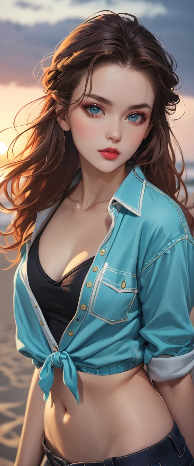 1girl, breasts, solo, jewelry, earrings, long_hair, cleavage, red_hair, hair_over_one_eye, brown_eyes, looking_at_viewer, tattoo, large_breasts, upper_body, arm_tattoo, blue_background, crop_top, wet, closed_mouth, bare_shoulders, collarbone, sleeveless, lips, eyelashes, shirt, midriff