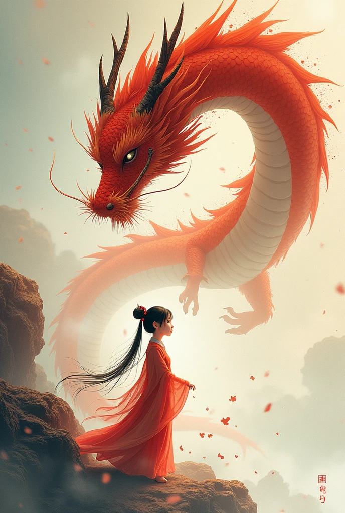 Chinese style red dragon,Dragon and human alliance,background chinese style,Mountains and rivers,dragon huge
