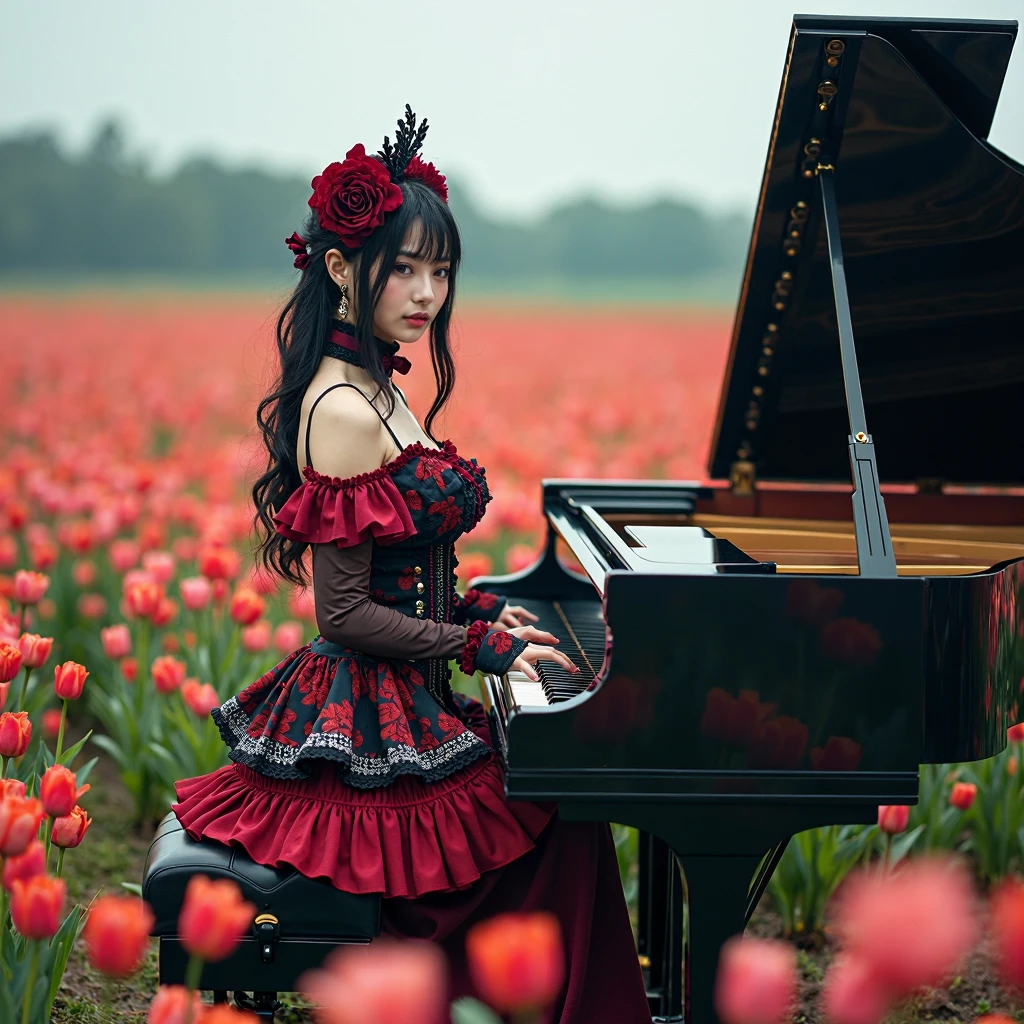 (((Masterpiece))),((top quality)),one beautiful girl,bangs、(long hair:1.5)、(((big breasts)))、belly button、23 years old、(Gorgeous red ruffled long dress:1.5)、race、See-through、Rose、 beautiful digital art work, beautiful fantasy art,(Playing the piano in the woods:1.5)