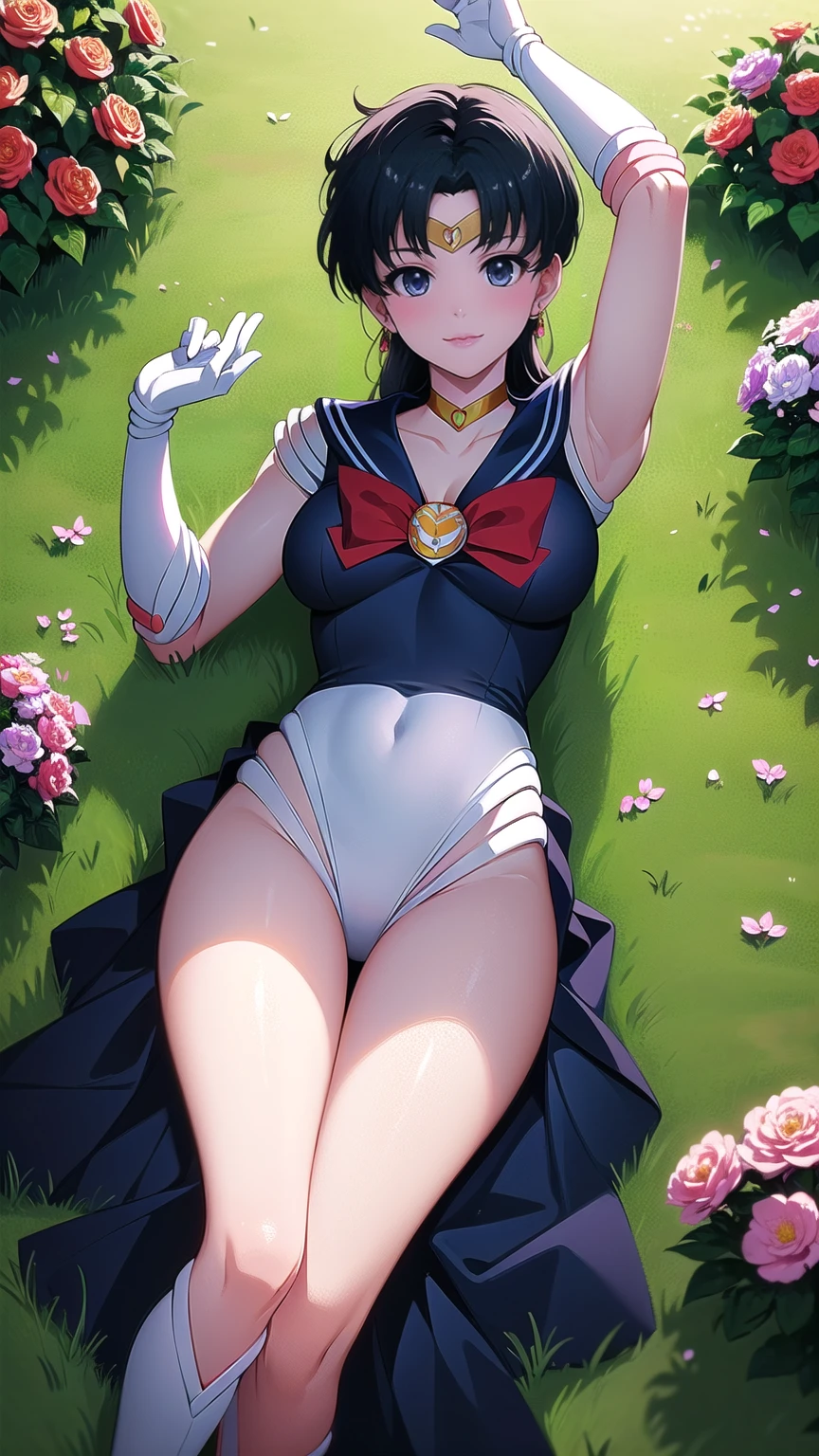 (Extreme Detail CG Unity 8K wallpaper, masterpiece, highest quality), (exquisite lighting and shadow, highly dramatic picture, cinematic lens effect), (Sailor Moon: 1.4), delicate facial features, charming smile, star eyes, ((dark green hair)), tight top, white gloves, mini skirt, dynamic pose, lying in the garden), (background in a garden full of flowers) (excellent detail, outstanding lighting, wide angle), (excellent rendering, enough to be proud of its kind),