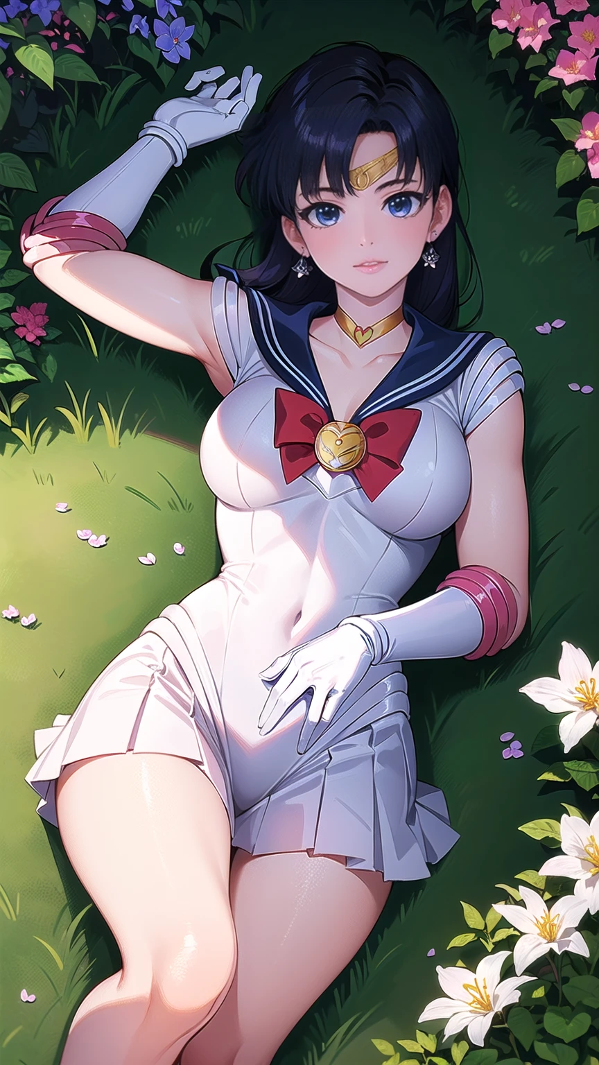 (Extreme Detail CG Unity 8K wallpaper, masterpiece, highest quality), (exquisite lighting and shadow, highly dramatic picture, cinematic lens effect), (Sailor Moon: 1.4), delicate facial features, charming smile, star eyes, ((dark green hair)), tight top, white gloves, mini skirt, dynamic pose, lying in the garden), (background in a garden full of flowers) (excellent detail, outstanding lighting, wide angle), (excellent rendering, enough to be proud of its kind),