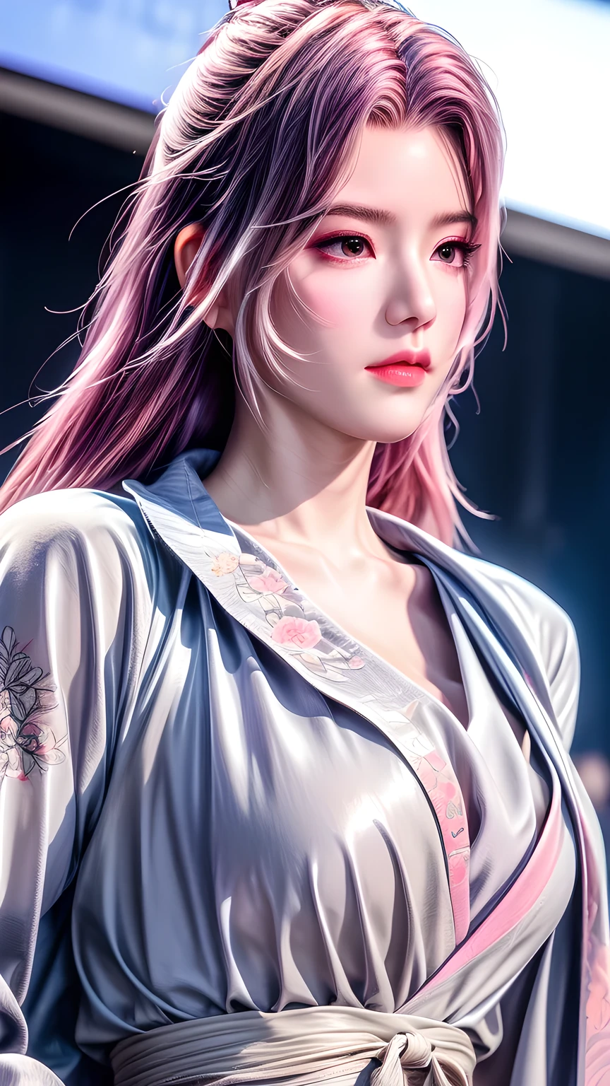 (Uhigh resolution, Retina, masterpiece, precise, Anatomically correct, Skin texture, Super Detail, Attention to detail, high quality, 最high quality, high resolution, 1080P, high resolution, 4K, 8K, 16K), (美しいAttention to detail目, Exquisite lip details, Very detailed eyes and face), Soft lighting, Physically Based Rendering, Vibrant colors, (((Medium breasts))), (Floral Hanfu suit), (whole bodyショット,Bob Cooter, Shocking pink hair, Shiny hair, Radiant Skin, blush), (Wide Angle), Eye Reflection, (side:1.2),(whole body,Shiny thighs)