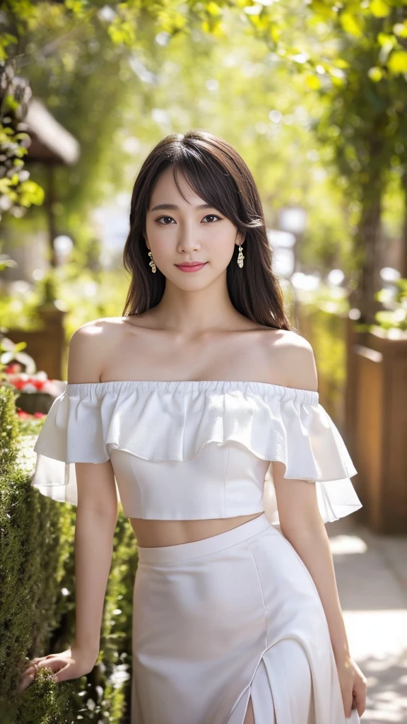 Medium Size Display, Medium Shot, Written boundary depth, bust, Upper Body, Movie angle, masterpiece, Highest quality, Very detailed, CG, 8k wallpaper, Beautiful Face, Delicate eyes, Otome, alone, smile, bangs, skirt, Formal blouse, Bouquet of lilies
