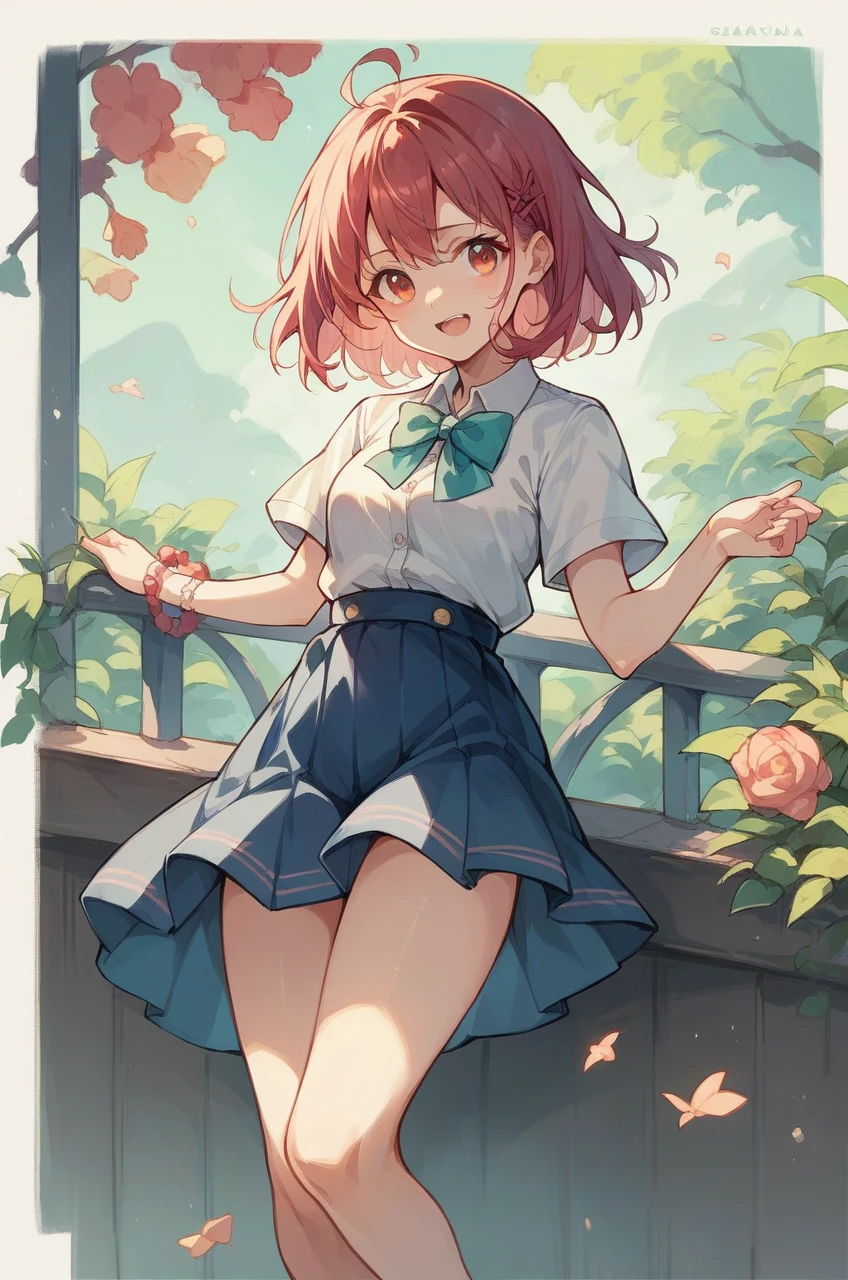 ((Best Quality)), ((masterpiece)), (detailed), head, blue cap, blue blouse, (super short pleated skirt:1.2), (mini skirt:1.2), mesh gloves, mesh stockings, black sneakers (High heels), White shirt, (Short shirt: 1.1), pink scarf, Underwear focus, (((Highlight NSFW))), ((Highlight red hair, curly, long)), from below, skirt in the wind, high kick, Underwear shot: 1.2, crop top overhang, perfect white underwear, bright Eyes, Precise teeth with spaces, (beautiful and delicate eyes: 1.2), accurate anime girl face, there is no floor, lack of land, precise anatomical hand, brown square backpack, banda para la head, bracelet,