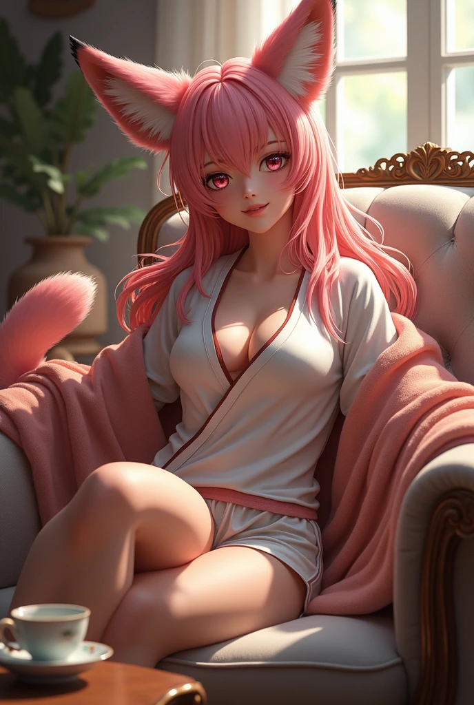 The upper part of the body、one girls、i have purple hair color、Two-tone、(Pink Highlight Hair、Curly hair,Fluffy fox ears、very Bigger breasts、Sorcerer、Lace Bra(Highlight pink print pattern)、Has a shining wand、Shining magic circle、Countless glowing spheres float、Glowing soap bubbles、I'm sitting on a big shining moon、shining chandelier