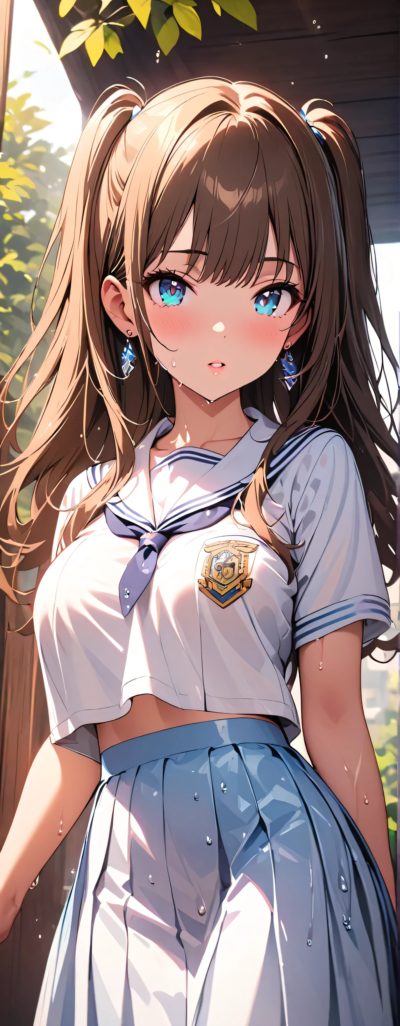 (beautiful girl: 1.3),1girl,masterpiece, Highest quality, Ultra-high resolution,rich contrast,super high quality,8k,Highly detailed CG unit wallpaper,texture,Incredibly absurd,Ultra-high resolution,RAW Photos,Depth of Field 1.2,(White Sailor Suit&Light blue skirt),Brown Hair,two side up,Ultra-detailed eyes,sensuous,Glowing Skin,Glitter effect,Beautiful glossy lips,loafers,leaves dripping with rain,sunlight through trees,post-rain aroma,Sigh,look up,(wet),(Large Breasts),After the Rain,focus on lips, Front close-up shot,Natural Makeup,Earrings