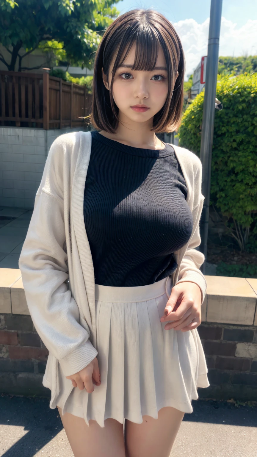 masterpiece, best quality, illustration, Super detailed, fine details, High resolution, 8K,wall paper, perfect dynamic composition,(Details High quality, realistic depiction of eyes:1.3), short hair, (wavy hair:1.2), Gorgeous and stylish black fluffy latest trend Tokyo winter clothes, (Elegant and high quality coat:1.1)、(The perfect and most natural light brown coat:1.1), tanktop, A-line skirt, Layered Cut, black hair color, Big Natural Color Lip, sexy pose, crying a little、Harajuku style、20 year old girl、cute type、lolita, hposing Gravure Idol, full body photo、focus on crotch, huge breasts