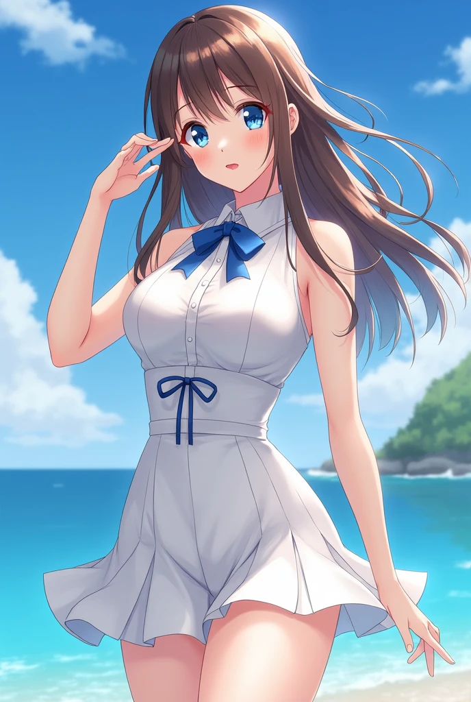 1girl, solo, only wearing a Bunny outfit, white swimsuit connected to a miniskirt, white bunny ears, perfect body, goergous face, detailed eyes, cameltoe, brown hair, in nature, standing on grass, masterpiece, ultra high quality