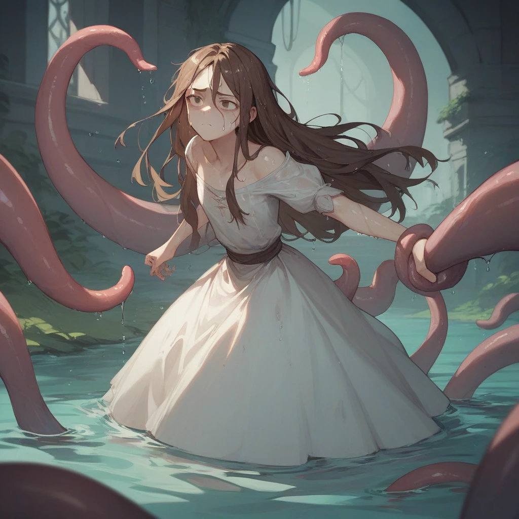 Partly underwater,最high quality,high quality,,Long Hair,Brown Hair,Wet Hair,Flat chest,Dark underground labyrinth,No light,Medieval Long Dress,Painful face,Tentacles in the skirt,Being dragged into the water,Rampage,