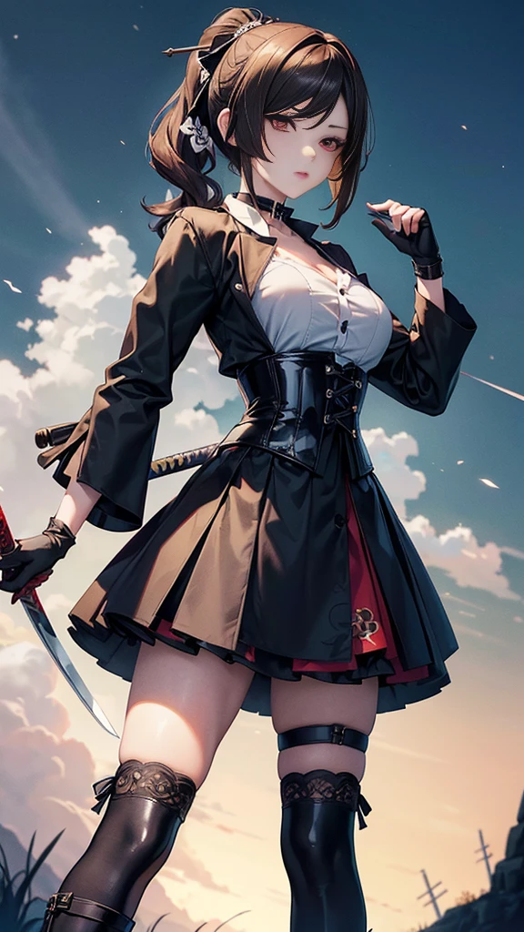 ((blood droplets)), ((blood)), ((blood splatter)), ((blood on clothes)), ((blood stain)), Masterpiece, Beautiful art, professional artist, 8k, Very detailed face, Detailed clothing, detailed fabric, 1 girl, Chiori \(genshin impact\), view from behind, perfect ass, standing, perfectly drawn body, big breasts, shy expression, pale skin, beautiful face, long black hair, 4k eyes, very detailed eyes, pink cheeks, choker:1.6, (white collar button down long sleeve shirt), black gloves, gloves that cover hands, (holds an ax with his right hand), (black leather corset), (shiny black tight mini skirt), Sensual Lips , evening de invierno, show details in the eyes, looking at the viewer, Dark road, dark forest, evening, Atmosphere, fog