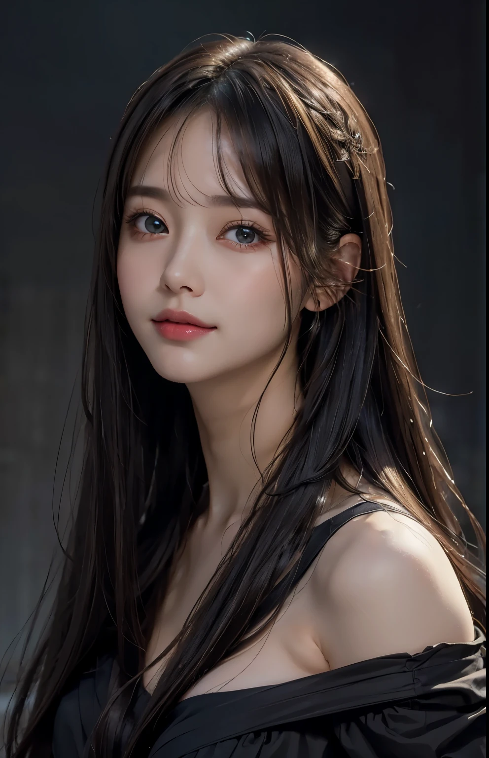 (Ultra Realistic), (Illustration), (Increased Resolution), (8K), (Extremely Detailed), (Best Illustration), (Beautiful and Detailed Eyes), (Best Quality), (Ultra Detailed), (Masterpiece ), ( wallpaper), (detailed face), solo, 1 girl, looking at viewer, fine details, detailed face, in the dark, deep shadows, low key, pureerosfaceace_v1, smiling, long hair, black shawl straight hair , 46 points oblique bangs