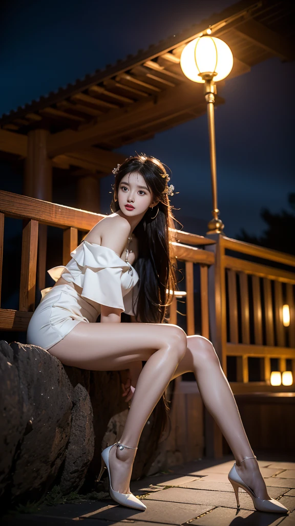 (masterpiece, best quality:1.2), 1girl, solo, ((gufeng,bare shoulders)), at the hilltop，Moonlight，((night)), ((full body)), ((from below)), ((sitting position, sitting at the edge of a cliff)), figure of heroine，Slender sexy legs，very beautiful legs，Leaking sexy legs，Big breasts，beauty, mystery。Exquisite facial beauty，Otherworldly beauty。The bridge of the nose is straight，Lip color like cherry，Confident and calm。face chiseled，Skin as fair as jade，Makeup is light and delicate，Show her temperament and charm。Light foundation, Transparency of skin，perfect eyebrow shape，eye makeup,eye shadow,Eyeliner，Eyes are brighter and more energetic。Put on grace lipstick，Charm and sophistication。Graceful and chic clothes，Clothes flutter，Blown up by the wind，drifting into the distance。grace，Swinging action。Hair tied haphazardly behind the head，Secure it with a hosta，Strands of hair flutter gently in the wind，A beautiful landscape，Attract attention。beauty、grace、mystery