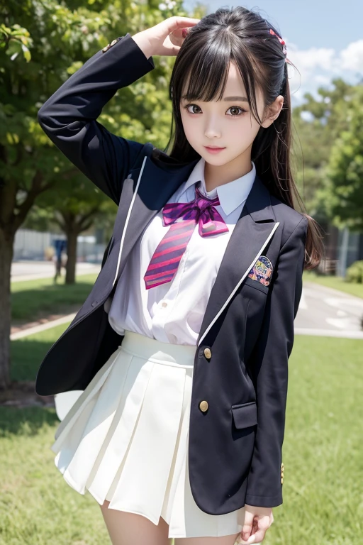 8k,Japanese,18-year-old,Innocent face,Teenage Girl、cute,Summer clothes,Blazer uniform、Sitting,garden,Black Hair,ribbon、Big Breasts、Publish one'chest、Big nipples、nipples are pink、Vaginal injection、Showing off your vagina、Spread your legs completely、Spread your legs、Browsing Caution、