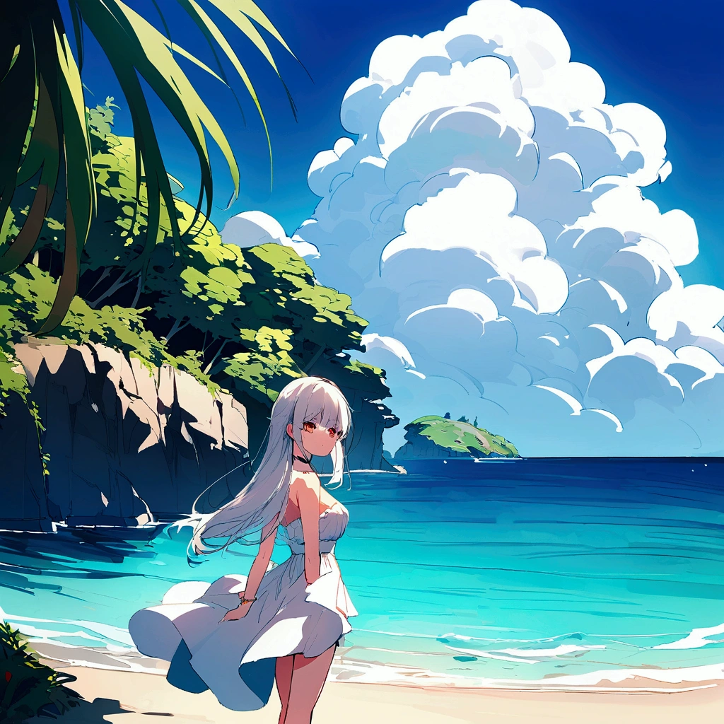 2D girl with white hair and blue eyes wearing white bikini walking on beach by the sea, Look back and smile