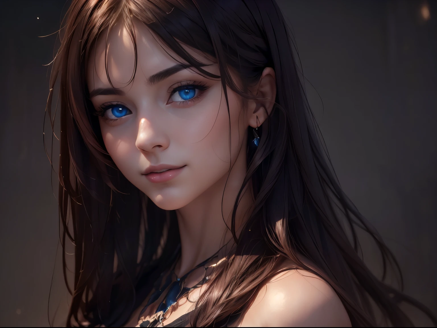 (Ultra Realistic), (Illustration), (Increased Resolution), (8K), (Extremely Detailed), (Best Illustration), (Beautiful and Detailed Eyes), (Best Quality), (Ultra Detailed), (Masterpiece ), ( wallpaper), (detailed face), solo, 1 girl, looking at viewer, fine details, detailed face, in the dark, deep shadows, low key, pureerosfaceace_v1, smiling, long hair, black shawl straight hair , 46 points oblique bangs