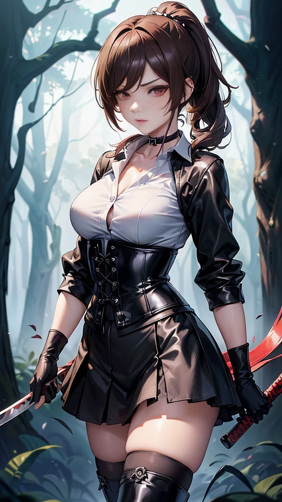 ((blood droplets)), ((blood)), ((blood splatter)), ((blood on clothes)), ((blood stain)), Masterpiece, Beautiful art, professional artist, 8k, Very detailed face, Detailed clothing, detailed fabric, 1 girl, Chiori \(genshin impact\), standing, perfectly drawn body, big breasts, shy expression, pale skin, beautiful face, long black hair, Blue eyes, very detailed eyes, pink cheeks, choker:1.6, (white collar button down long sleeve shirt), black gloves, gloves that cover hands, (holds an ax with his right hand), (black leather corset), (shiny black leggings), Sensual Lips , evening de invierno, show details in the eyes, looking at the viewer, Dark road, dark forest, evening, Atmosphere, fog