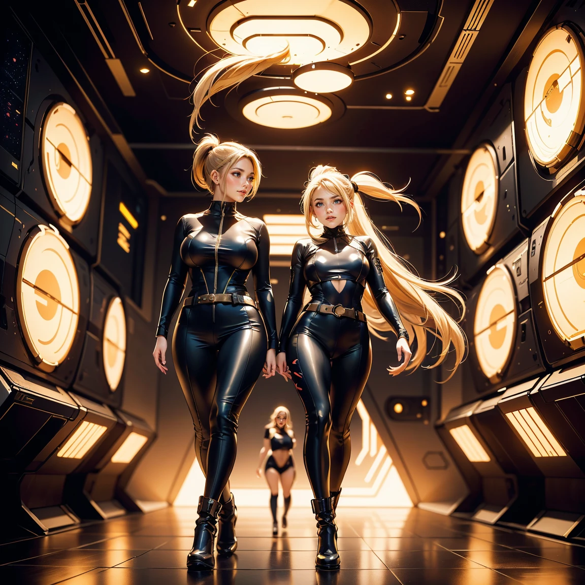 masterpiece, photorealistic:1, beautiful woman, 2girls, european, large breasts, blond hair, long_hair, ponytail, bangs, smiling, walking in a spaceship, talking, futuristic, sci-fi, latex, red leotard,  unzipped, belt, edgHarness,  detailed skin,  luxtech,   boots