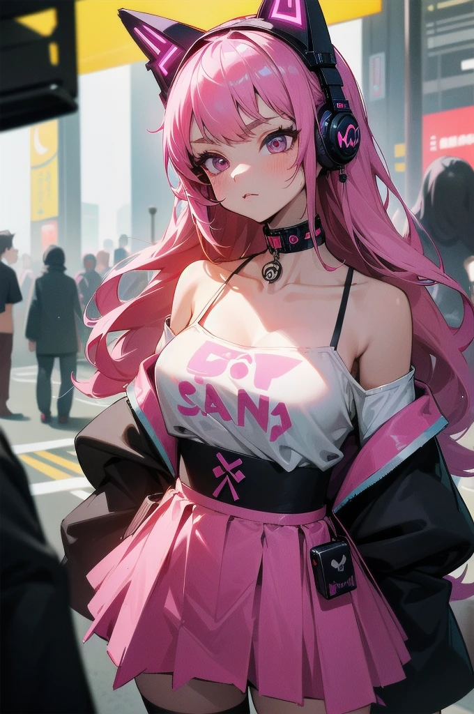 (masterpiece, best quality, 1girl, solo, intricate details, chromatic aberration), realistic, ((medium breath)),long hair, pink hair, red head ornament, pink highlights, hair over one eye,purple eyes, earrings, sharp eyes, choker, neon shirt, open jacket, crop turtleneck sweater,open waist,(perfect symmetrical body),against wall, brick wall, graffiti, dim lighting, alley ,look at viewer