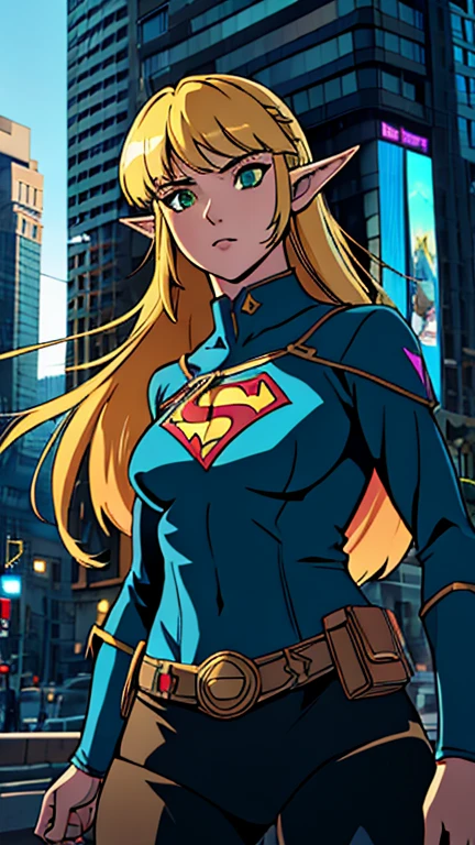 (Teens:1girl: princess zelda), (extremely detailed CG unit 8k wallpaper),(master part), (best quality), (ultra detail), (best illustration),(city-scene-aso), cowboy shot, (Sharp eyeliner, ombre, detailed eyes:1), bright, daylight, cyberpunk city, outdoor, ,break , (DCAMU Style), upper body, (bangs, blonde hair, green eyes, long hair, pointy ears, medium breasts, superhero uniform 