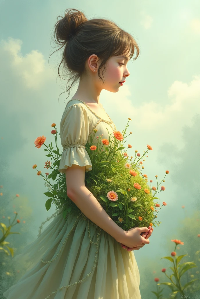 I need something like a picture or a painting with that medieval painting effect of a girl with cracks in her body full of flowers, This girl is standing on a practically dry ground also cracked with a storm happening