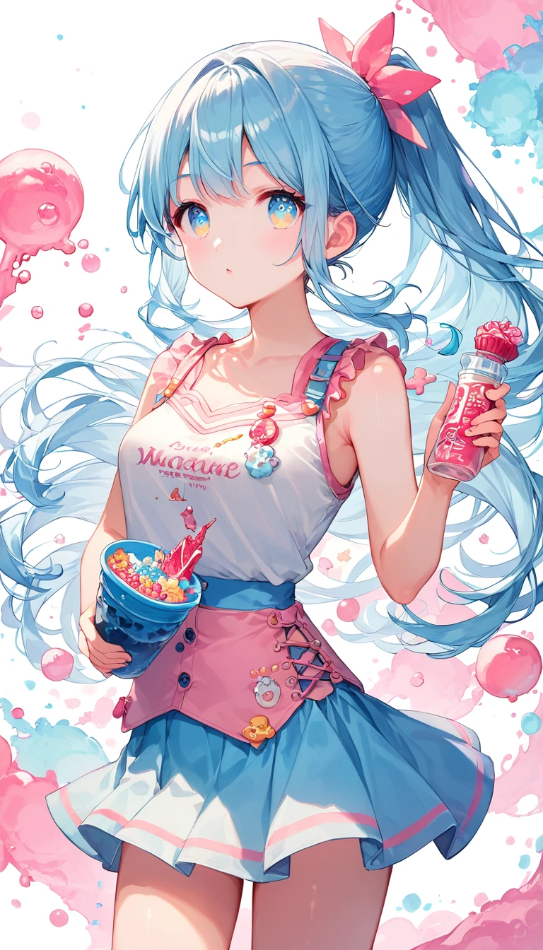 Score_9, Score_8_superior, Score_7_superior,sauce_anime, High-resolution images,masterpiece,Best Quality,girl,Cute face,Beautiful Skin,Shiny Hair,Highly detailed eyes,Pastel color background, Jojipan, mini skirt,Ponytail Hair,Long Hair,Light pastel blue hair,