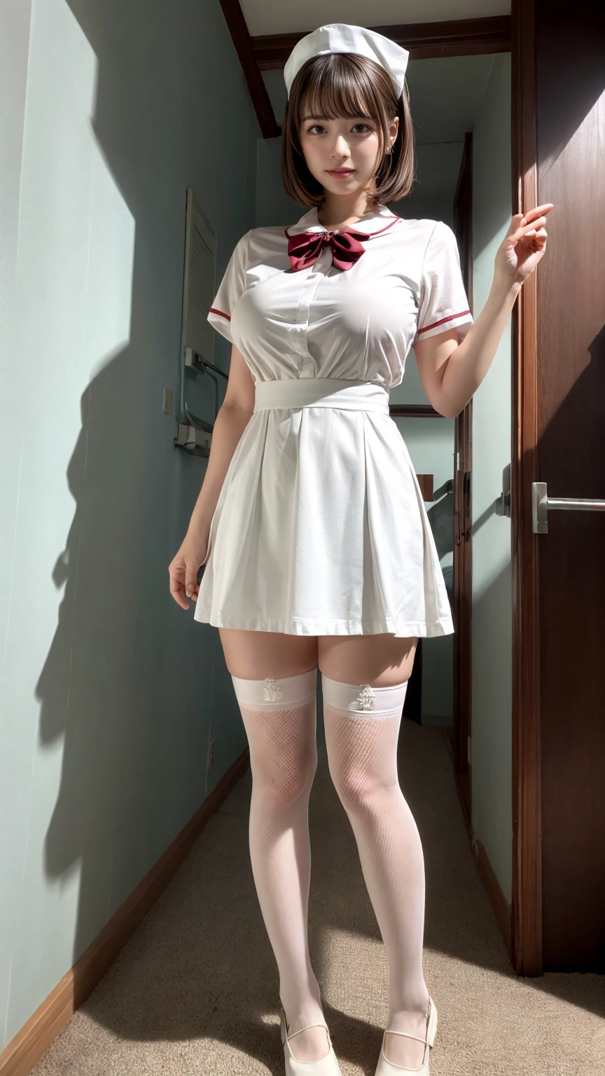 (standing in bedroom), 1 woman, solo, thick thighs, beautiful legs, nurse, realistic, raw photo, nurse outfit, hair, bangs, looking at viewer, best quality, smile, Realistic Skin Textures, full body, white pantyhose, large breast,