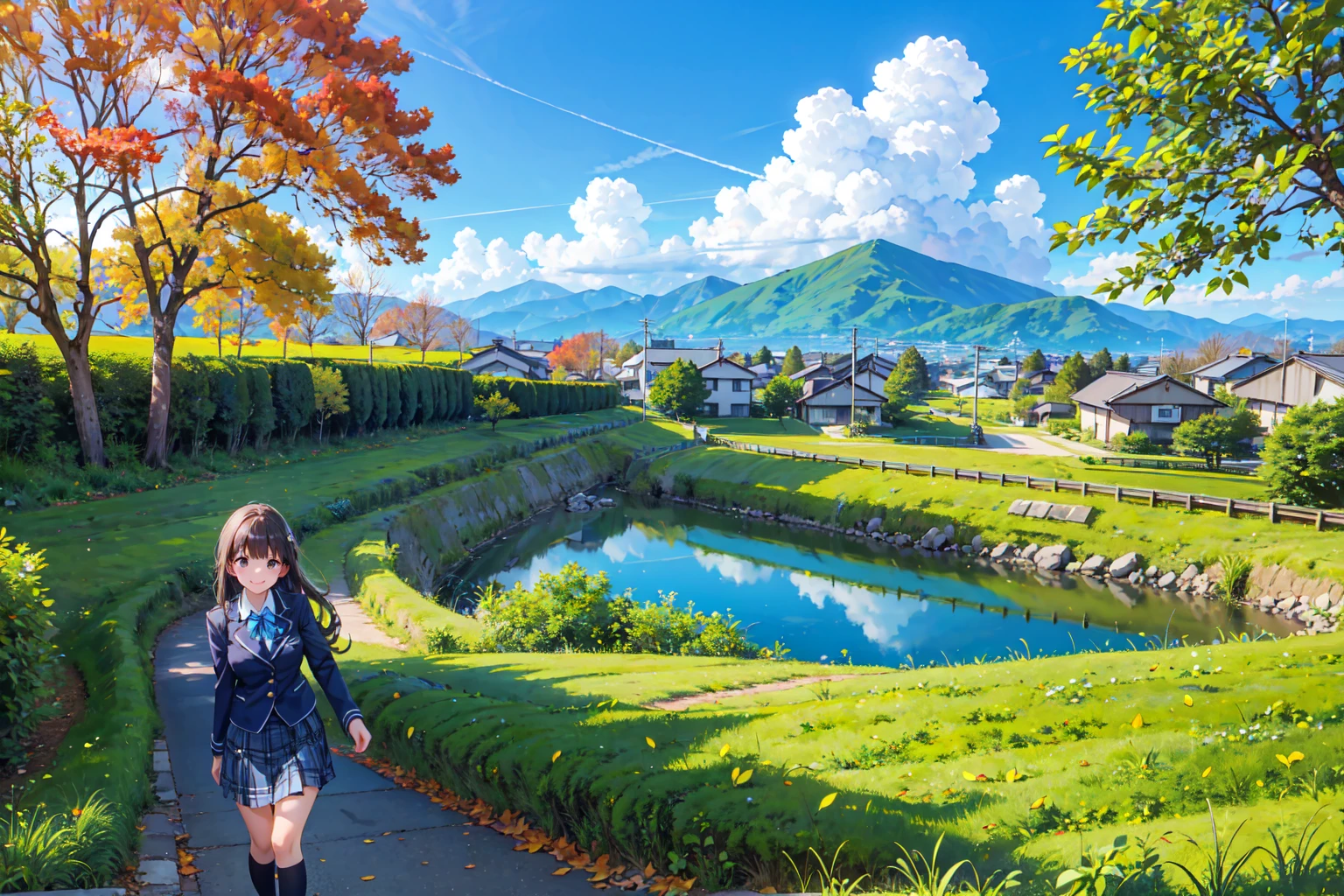 (((Masterpiece, 16k, Highest quality, Ultra-high resolution, Depth of subject))), ((Very detailed, Japanese countryside scenery, autumn leaves)), (((High school girl in blazer uniform, friend, 2 people, skirt, Big Breasts, Very beautiful and detailed girl, Accurate body structure, Accurate body movements, Very detailedボディ))), While walking, While chatting, With a very cute smile, On the way home, 3pm, Peaceful scenery, Warm sunshine, Very accurate perspective, Wide View