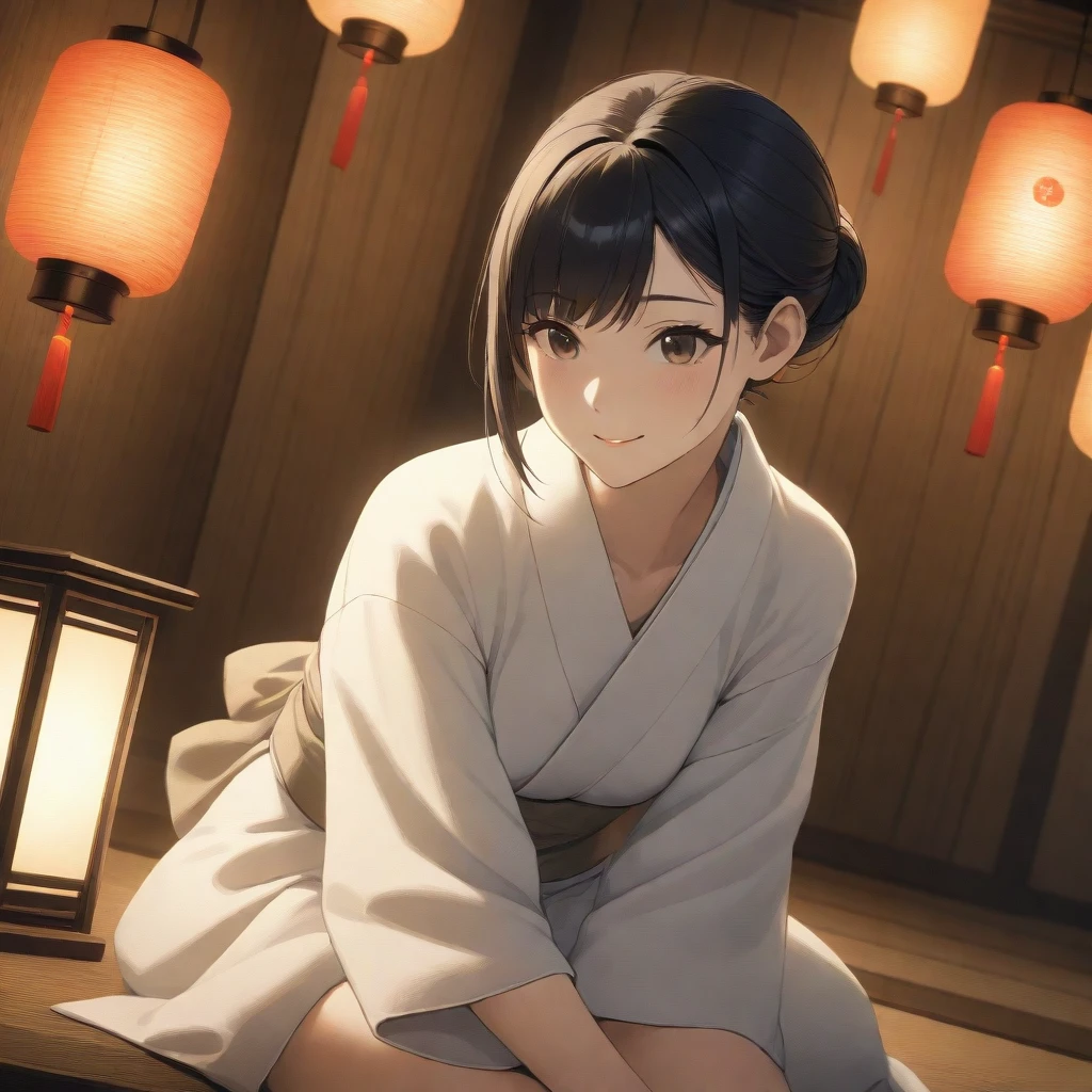 (masterpiece, best quality,dynamic angle,Dutch angle shot),1women, straight black hair, tied in a low bun, soft brown eyes, gentle smile, fair skin with a slight glow, slender build, white traditional kimono, sitting on her knees, hands resting on lap, old wooden shrine background, soft lantern light, warm and muted colors, soft lighting, medium angle, calm and respectful atmosphere
