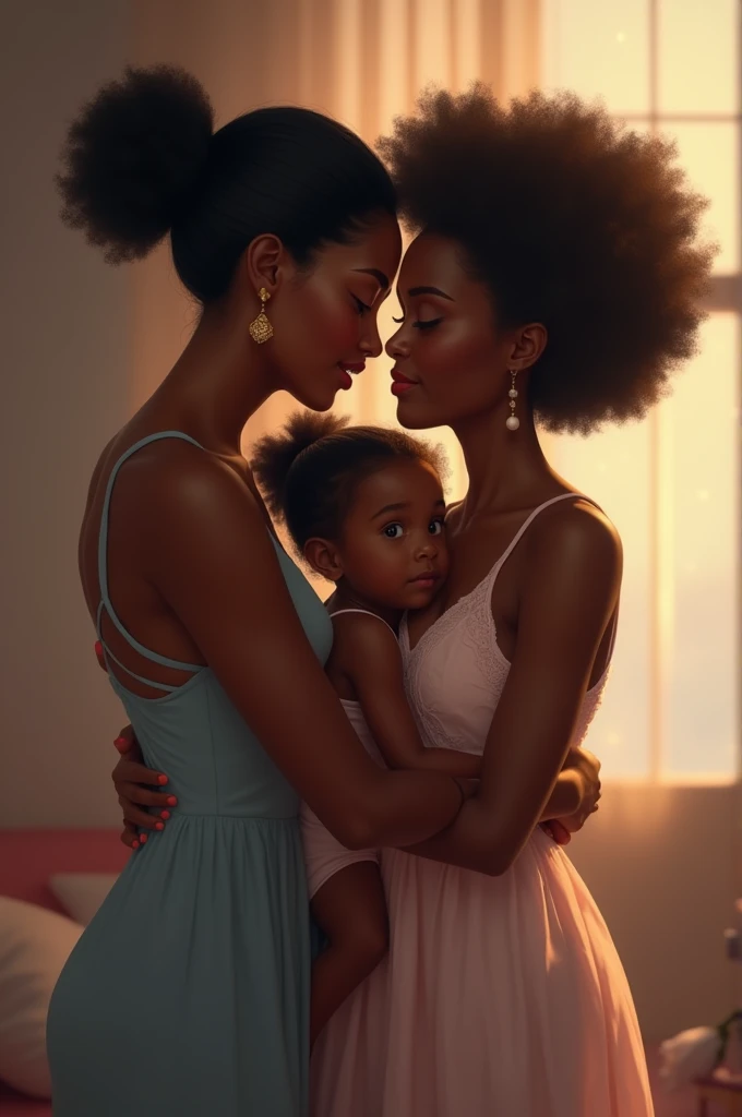 three women sitting under a big wedding table, realistic artstyle, the Black skinned girls knowingly look at each about the sexual adventure they will take their new friend laying on the floor, there are two sets of legs per woman and child seated at the table, the white skinned girl is conservative but aroused, the girls off center are big boned black skinned African girls with medium afro hairstyles, they are holding her and kissing white skinned girl, casual pose, the flanking girls want to kiss the white skinned girl, realistic style, official fanart, realism artstyle, hyperrealistic teen, high quality fanart, background artwork, calmly conversing 8k, realistic art style, relaxed poses, 3 young and beautiful girls, detailed realistic expressions, realistic picture a black skinned girl is kissing white skinned girl's neck, wet and parted lips, align torso with the legs,