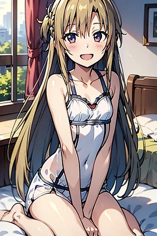 ((Best Quality)), ((masterpiece)), (be familiar with), Perfect Face, indoor, bedroom, Watching the audience,
One woman, Yuuki Asuna,
Open Mouth, Ecstatic expression, blush, smile,
Small breasts, Flat Chest, , , child, Girl,
Long Hair, Long Hair,
Leg spread,