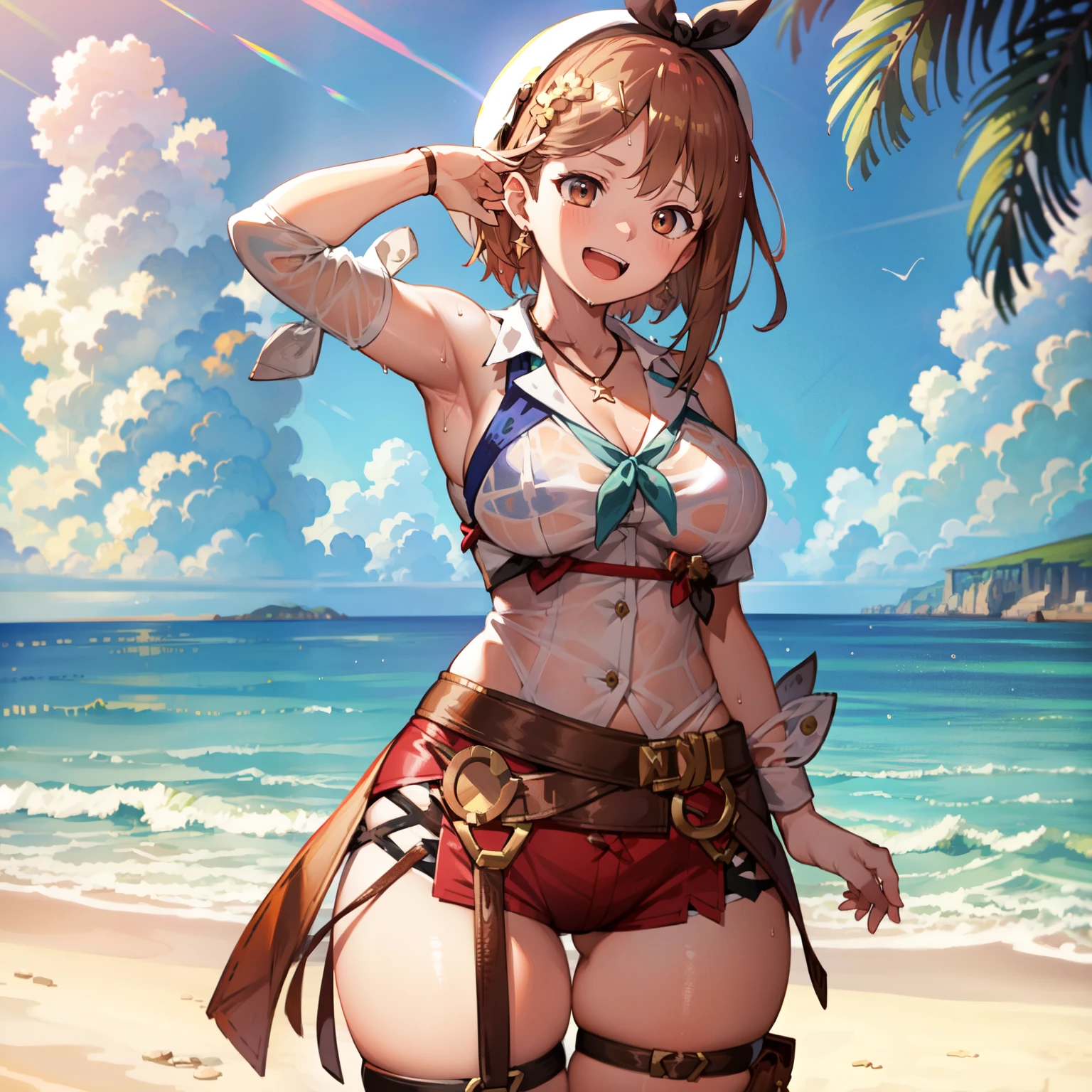 Best Quality, Ultra-Detailed, 1girl, Solo, Nikkeanis, Cross-Eyed, short_hair, open_mouth, Large breasts, Bending Down, Near, Squatting, Normal Thigh, brown_hair, hair_ornament, brown_eyes, yellow_eyes, Beret, Cowboy Shot, (Bikini:1.3), Beach, Summer, Silky Pale White, Shiny Skin