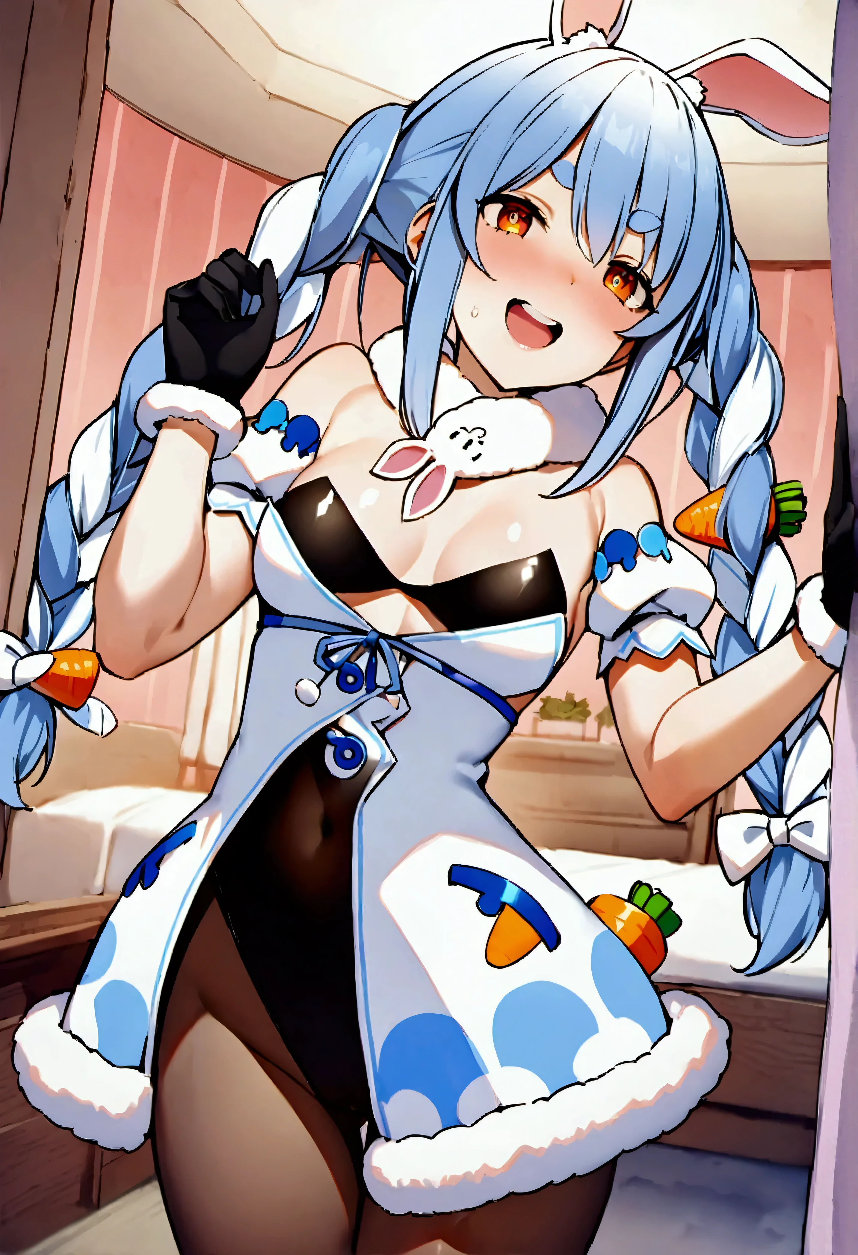 NSFW,masterpiece,Best Quality,High resolution,Very detailed,One girl,,Usada Pekora\(Ho****ve\),Orange eyes、Thick eyebrows、Bunny ears、Two-tone hair、Blue Hair、White Hair、Long Hair、Twin Blade、Hair accessories、Fur collar、White Dress、Fur-trimmed dress、Exposed shoulders、Black leotard、Strapless、Cleavage、Sleeveless、Puffy short sleeves、Black gloves、Black Pantyhose,Western-style room,Bedroom,Girl&#39;s Room,Pink Room,Bad Smile,Open your mouth,Provocative face