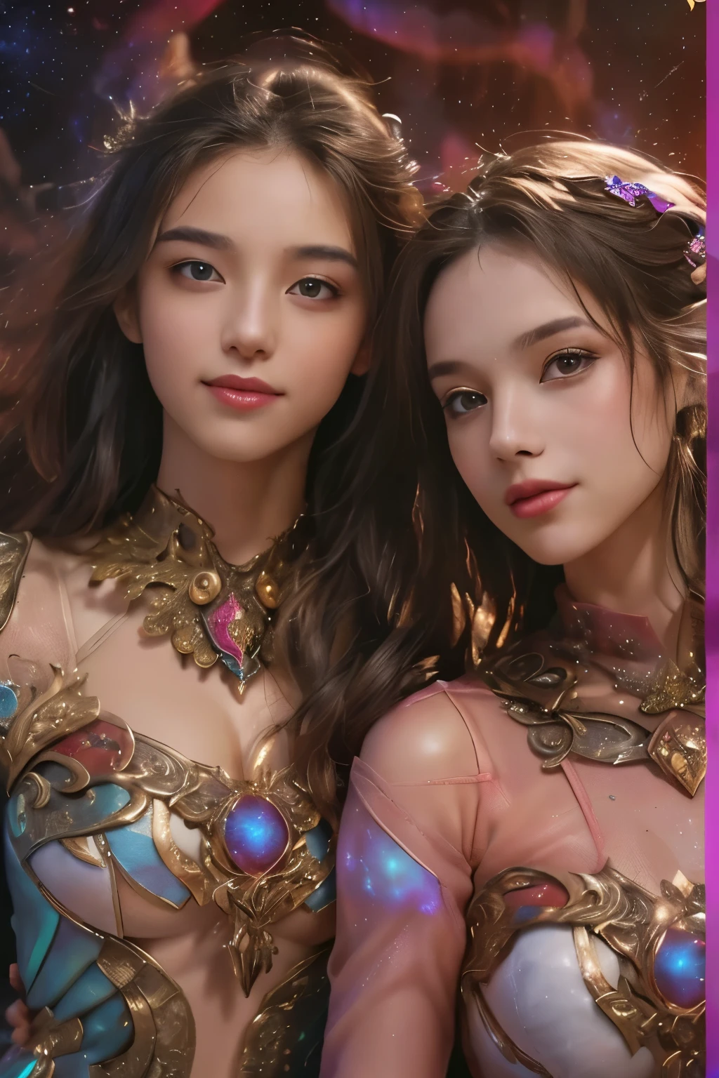 (Two beautiful teenage italian girls:1.6), Close friends, (They are hugging each other:1.2), Kiss her cheek or chest,(Detailed iridescent bodysuit with beautiful fractal or marble design:1.5), Incredible and spectacular scenes, ((High quality)), ((Detailed)), ((Fantasy)), Blue Plasma Brain, Green Plasma Body, Showing her armpits, beutiful breast,  obscenity, (Lewd smile:1.2), coarse, Obscene,  (Immoral:1.2), Lachish, (small breasts with beautiful raised pink areolas,,:1.5), (Cameltoe), (Expression of ecstasy:1.2), Photorealistic, Official art, Unity 8K Wall , 8K Portrait, Best Quality, Very high resolution, (Incredibly beautiful nature background:1.6), (1:1.5), (Sexy and glamorous:1.1), (A coquettish expression:1.6), (seductively smiling:1.6),  (erotic posing:1.9), (Model Posing:1.8), Beautiful seductive face, Portrait, (Thick eyebrows:1.4), (Big scarlet eyes:1.6), Beautiful eyes with fine symmetry, (Ultra detailed eyes:1.4),(Highly detailed face and eyes:1.7), (High-resolution red-eye:1.8), Intimate face, (ultra detailed skin texture:1.4), White skin, pale skin, Perfect Anatomy, Thin, (Beautiful toned body:1.5), Highly detailed hair,  (Moist skin:1.2), No makeup, (dark circles:1.1), Good anatomy, Focus Face, good-looking, (Emilia Clark:0.6) (Emma watson:0.3),(Jennifer Connelly:0.4),  Elegant face, Nice,  (A delicately crafted necklace is wrapped around her neck..), (Bioluminescence with brilliant brilliance:1.4), (Luminous magic circle:1.5), Ruins of an ancient castle, Shining majestic cloud masses and sky, lightning bolt, Epic Realistic, (Greg Rutkowski:0.8), (teal and orange:0.4), (Art Station:1.5), Cinematic, (NSFW:1.2),  Hyper Detailed, Dramatic light, (Intricate details:1.1), Beautiful black hair,　(Wearing a gauntlet with a dense and very beautiful design decorated with jewels:1.1), Small chest, Galaxy, (nebulas:1.6), The Dark Knight, Fully armored body focus