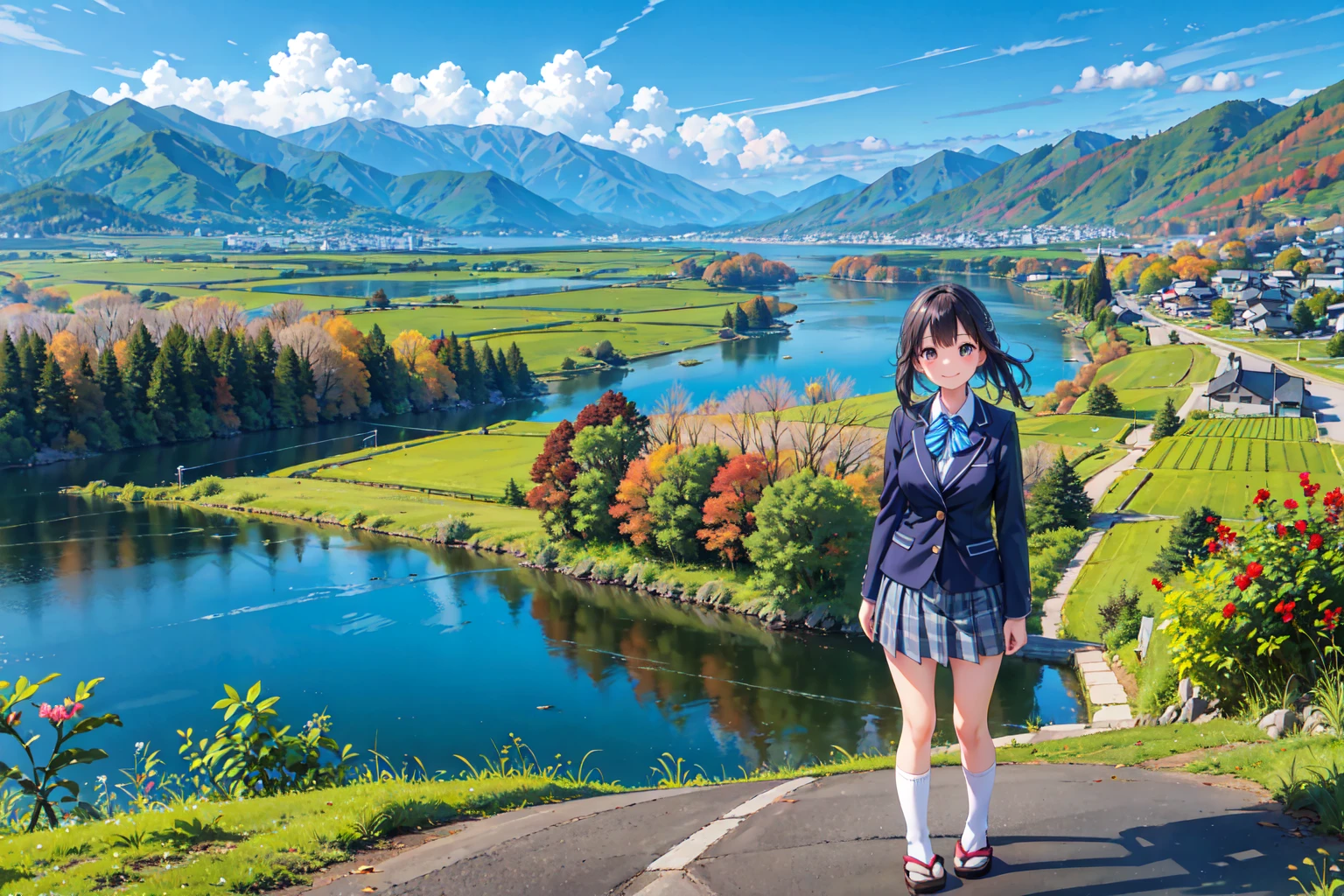 (((Masterpiece, 16k, Highest quality, Ultra-high resolution, Depth of subject))), ((Very detailed, Japanese countryside scenery, Autumn scene)), High school girl in blazer uniform, friend, 3 people, skirt, Big Breasts, Very beautiful and detailed girl, Accurate body structure, Accurate body movements, Very detailedボディ, While chatting, Very cute smile, On the way home, 3pm, Peaceful scenery, Warm sunshine, Very accurate perspective, Wide View