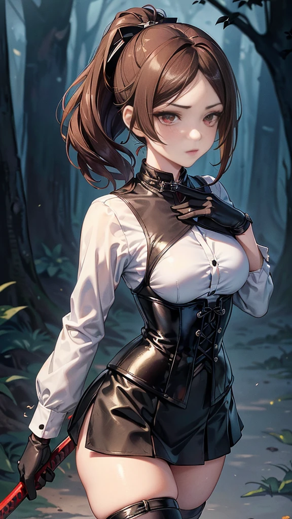 Masterpiece, Beautiful art, professional artist, 8k, detailed body, Very detailed face, very detailed eyes, Detailed clothing, detailed fabric, Best Quality, better resolution, 1 girl, Chiroi \(genshin impact\), crossed arms, View from the front, standing, serious expression, detailed eyes, round chinese glasses, choker:1.6, (white collar button down long sleeve shirt), (shiny black corset), black gloves that cover your hands, (shiny black leggings), looking at the viewer, dark path, dark forest, at night atmosphere, fog