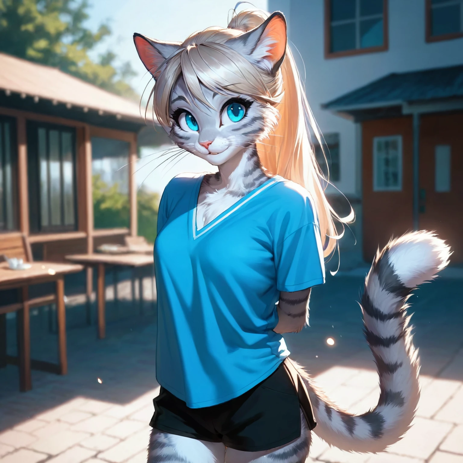 anime cat with long blonde hair and blue shirt walking on brick walkway, anthro cat, realistic anime cat, an anthro cat, commission for high res, anime cat, anthro art, anthro portrait, anime catgirl, oc commission, catgirl, beautiful anime catgirl, fursona furry art commission, fursona commission, anthropomorphic female cat