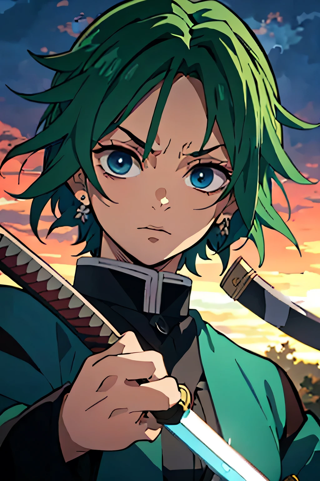 A detailed, mute green hair and striking black highlights, dressed in the style of the Demon Slayer anime, blue clothes, holding a katana sword, beautiful blue detailed eyes, extremely detailed eyes and face, intricate hairstyle, portrait, highly detailed, 8k, photorealistic, cinematic lighting, vibrant colours, dramatic atmosphere, fantasy concept, male, early 20s, calm, water, neutral face, calm attitude 