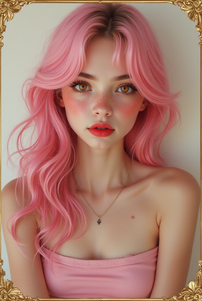 Pink eyes, White skin, Red lips, The round, red eyes of a doll, Long eyelashes, Light pink, silky hair,naked, big tits, ahegao face, spit all over her