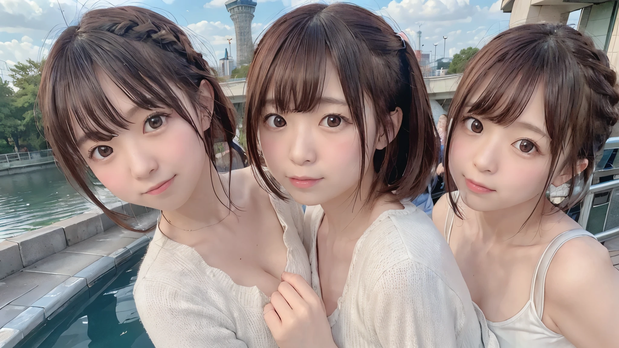 8K, RAW Photo, Best Quality, Masterpiece, Realistic, PhotoRealistic, Extremely Detailed 8K Wallpaper, Beautifully Detailed Eyes, Finely Detailed Face, 
 BREAK 
Cinematic Lighting, 
 BREAK 
(s-bridge + t-skytree + s-river + cloud:1.4), 
 BREAK 
Perfectly Anatomically Correct:1.0, 
 BREAK 
(3 Girls:1.4), Kawaii, Random Short Hairs Bun, Smiling Cheerfully, Middle-teen, 
Symmetrical Clear Eyes, Chocolate Color Eyes, [Captivating Eye Reflections], 
Wide-Set Eyes, Tareme, Round Face, Round Chin, [Embarrassed, Blush, Pouted Cheek], White Skinned, 
[Beautiful Ideal Spherical Shape Buttocks:1.0, Medium Buttocks Upturned:1.0, Underbuttocks:1.0, Skindantation:1.0], 
Wearing SHIMAMURA October Clothes, 
Looking Down Viewer Straightly, 
 BREAK 
SFW:1.0, 
 BREAK 
Dynamic Shot from Left Side Below:1.2, Bokeh:1.0