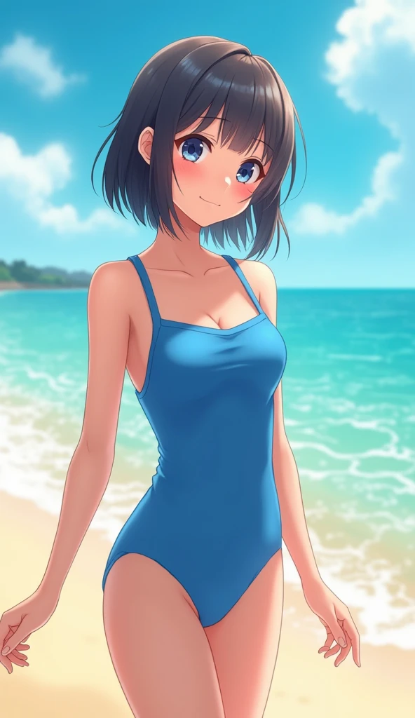 Black Hair Bob Black swimsuit blue-sky Mare evening glow gravure