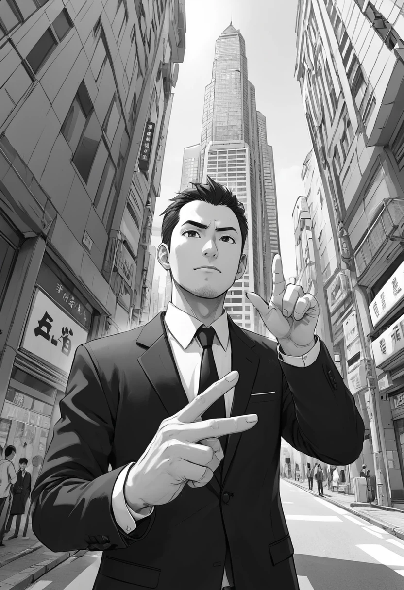 male、Age 35,suit、Businessmen、Black and White、Point me in the direction of travel、Manga Style、Low Angle、null、building、A slightly sharp face