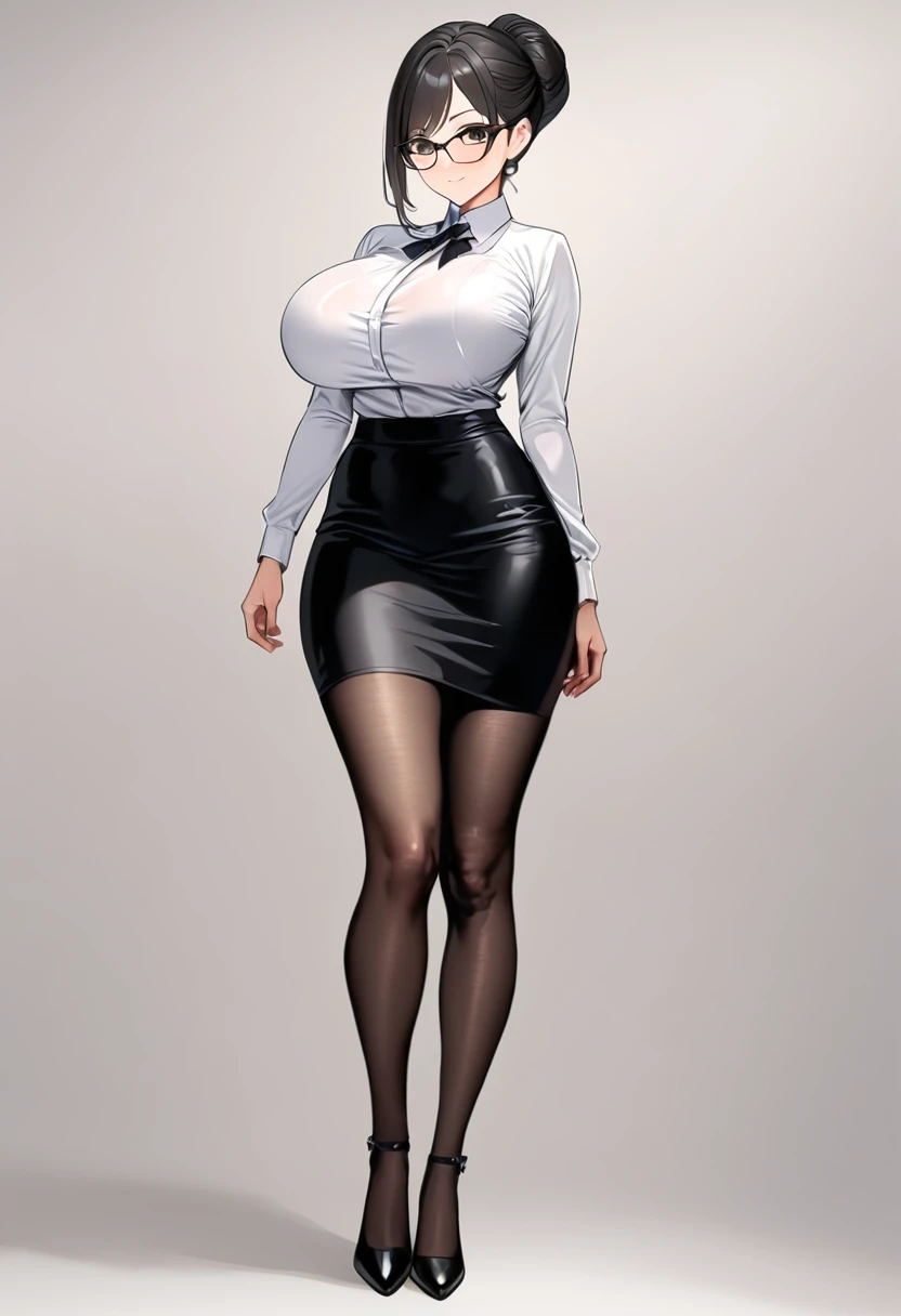 ((Best Quality)), ((masterpiece)), (detailed), (One girl), Sexy, height１６８Busty housewife with black hair and a bust of 100cm, Mature Woman, (((Black hair bun))), Mature Woman, Rocket Boobs,  Long, gentle droopy eyes, Glasses, White blouse with ruffled collar, White background, tight black pencil skirt, Serious female teacher, smile, (((Standing full body shot))), Black pumps, Black Pantyhose, Blank background