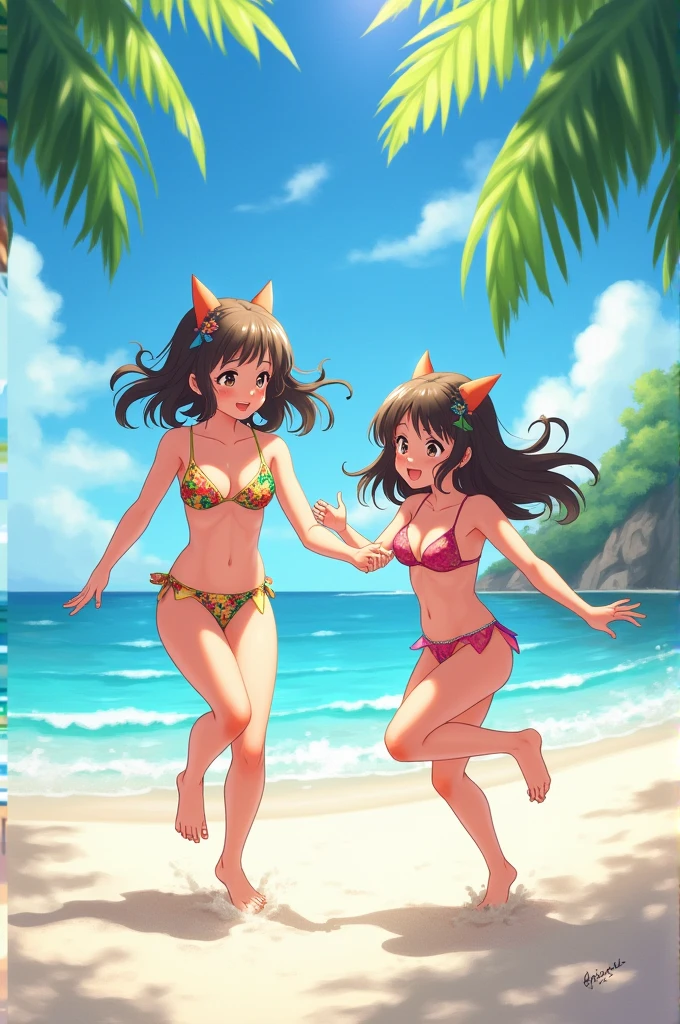 gawr_gura with brown hair and brown eyes, Artist, erere, Copyrights, idolmaster, idolmaster_shiny_colors, Character, General, 1girl, brown_hair, blunt_bangs, blush, medium_breasts, breasts, smile, brown_eyes, censored, striped bikini, yellow_bikini, frilled_bikini, navel, dog_tail, animal_collar, twin_braids, dog_ears, bone_hair_ornament, raised_eyebrows, paw_pose, :d:0.5, teeth, raised_eyebrows, (full_body) (standing in middle, beach_umbrella), sky:0.5, detailed, sand, outdoors, from_side, looking_at_viewer, masterpiece, best_quality, great_quality, girl, solo, center_composition, centered character, cute