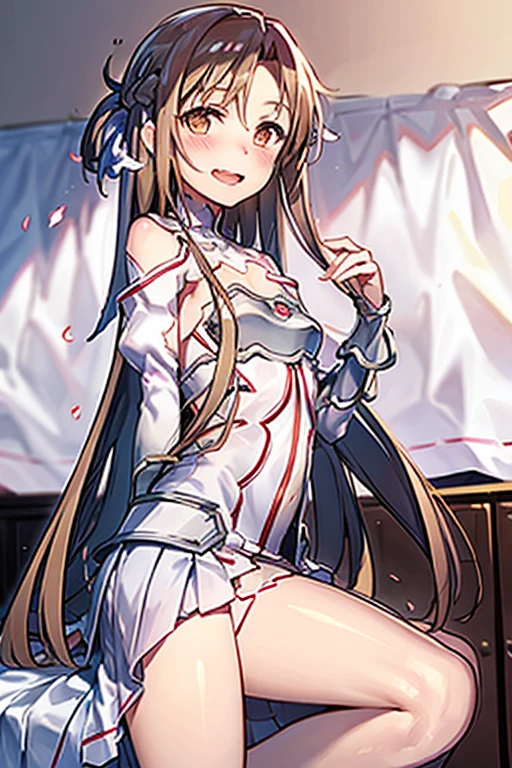 ((Best Quality)), ((masterpiece)), (be familiar with), Perfect Face, indoor, bedroom, Watching the audience,
One woman, Yuuki Asuna,
Open Mouth, Ecstatic expression, blush, smile,
Small breasts, Flat Chest, , , child, Girl,
Long Hair, Long Hair,
Leg spread,