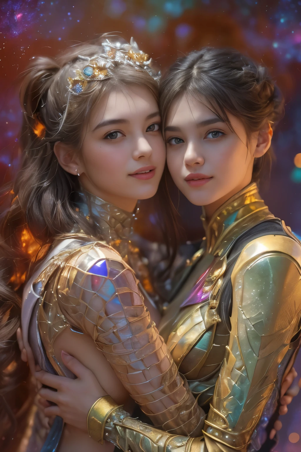 (Two beautiful teenage italian girls:1.6), Close friends, (They are hugging each other:1.2), Kiss her cheek or chest,(Detailed iridescent bodysuit with beautiful fractal or marble design:1.5), Incredible and spectacular scenes, ((High quality)), ((Detailed)), ((Fantasy)), Blue Plasma Brain, Green Plasma Body, Showing her armpits, beutiful breast,  obscenity, (Lewd smile:1.2), coarse, Obscene,  (Immoral:1.2), Lachish, (small breasts with beautiful raised pink areolas,:1.5), (Cameltoe), (Expression of ecstasy:1.2), Photorealistic, Official art, Unity 8K Wall , 8K Portrait, Best Quality, Very high resolution, (Incredibly beautiful nature background:1.6), (:1.5), (Sexy and glamorous:1.1), (A coquettish expression:1.6), (seductively smiling:1.6),  (erotic posing:1.9), (Model Posing:1.8), Beautiful seductive face, Portrait, (Thick eyebrows:1.4), (Big scarlet eyes:1.6), Beautiful eyes with fine symmetry, (Ultra detailed eyes:1.4),(Highly detailed face and eyes:1.7), (High-resolution red-eye:1.8), Intimate face, (ultra detailed skin texture:1.4), White skin, pale skin, Perfect Anatomy, Thin, (Beautiful toned body:1.5), Highly detailed hair,  (Moist skin:1.2), No makeup, (dark circles:1.1), Good anatomy, Focus Face, good-looking, (Emilia Clark:0.6) (Emma watson:0.3),(Jennifer Connelly:0.4),  Elegant face, Nice,  (A delicately crafted necklace is wrapped around her neck.), (Bioluminescence with brilliant brilliance:1.4), (Luminous magic circle:1.5), Ruins of an ancient castle, Shining majestic cloud masses and sky, lightning bolt, Epic Realistic, (Greg Rutkowski:0.8), (teal and orange:0.4), (Art Station:1.5), Cinematic, (NSFW:1.2),  Hyper Detailed, Dramatic light, (Intricate details:1.1), Beautiful black hair,　(Wearing a gauntlet with a dense and very beautiful design decorated with jewels:1.1), Small chest, Galaxy, (nebulas:1.6), The Dark Knight, Fully armored body focus