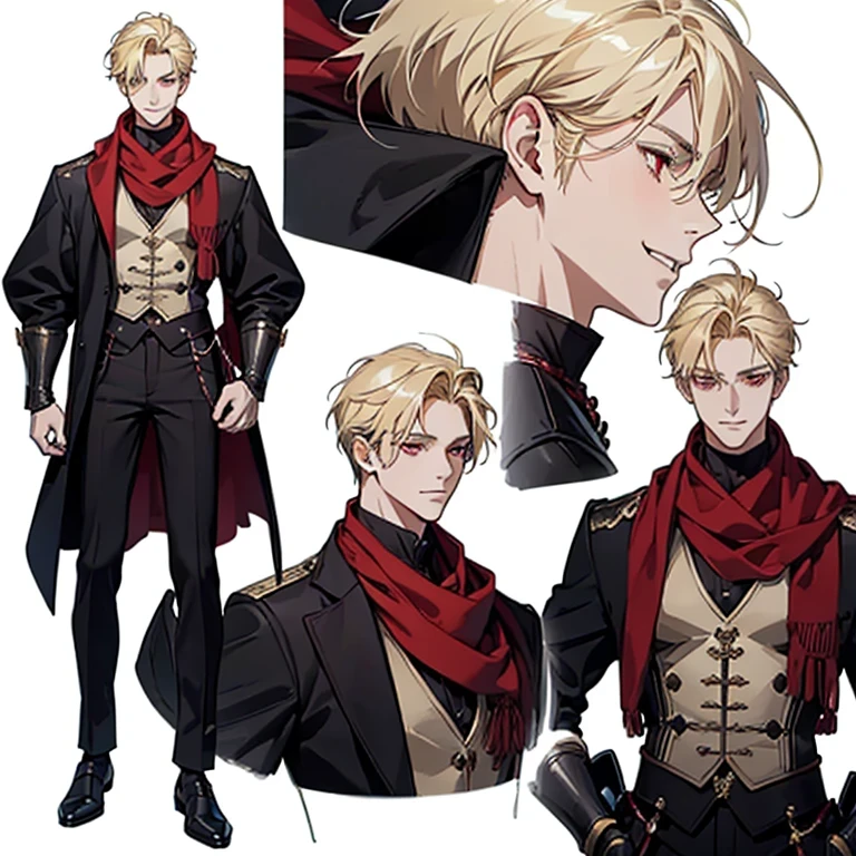 ((Masterpiece, Highest quality)), Male, boy,  Detailed face, character design sheet， full bodyesbian, Full of details, frontal body view, back body view, Highly detailed, Depth, Many parts, Muscle boy with ponytail long blonde hair，handsome man, muscle body, vampire outfit clothes, Genshin Impact, man tall, pectoral muscles, abs