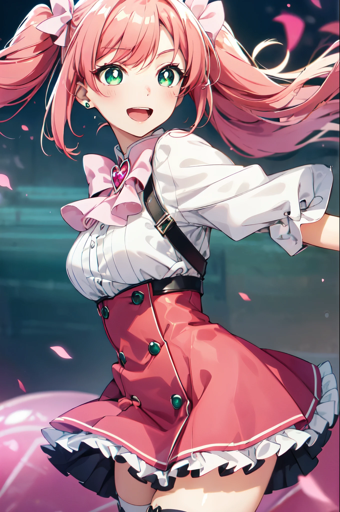 haruka hanabishi, twintails, (green eyes:1.3), pink hair,thighhighs, gloves, dress, bow, magical girl, pink gloves,pink skirt,smile,open mouth,masterpiece,Noise Reduction,perfect anatomy,high resolution, ultra-detailed, ultra-detailed face,game cg,dutch angle ,beautiful detailed eyes,visualart,five fingers, perfect hands, perfect lighting, sparkling pupils,