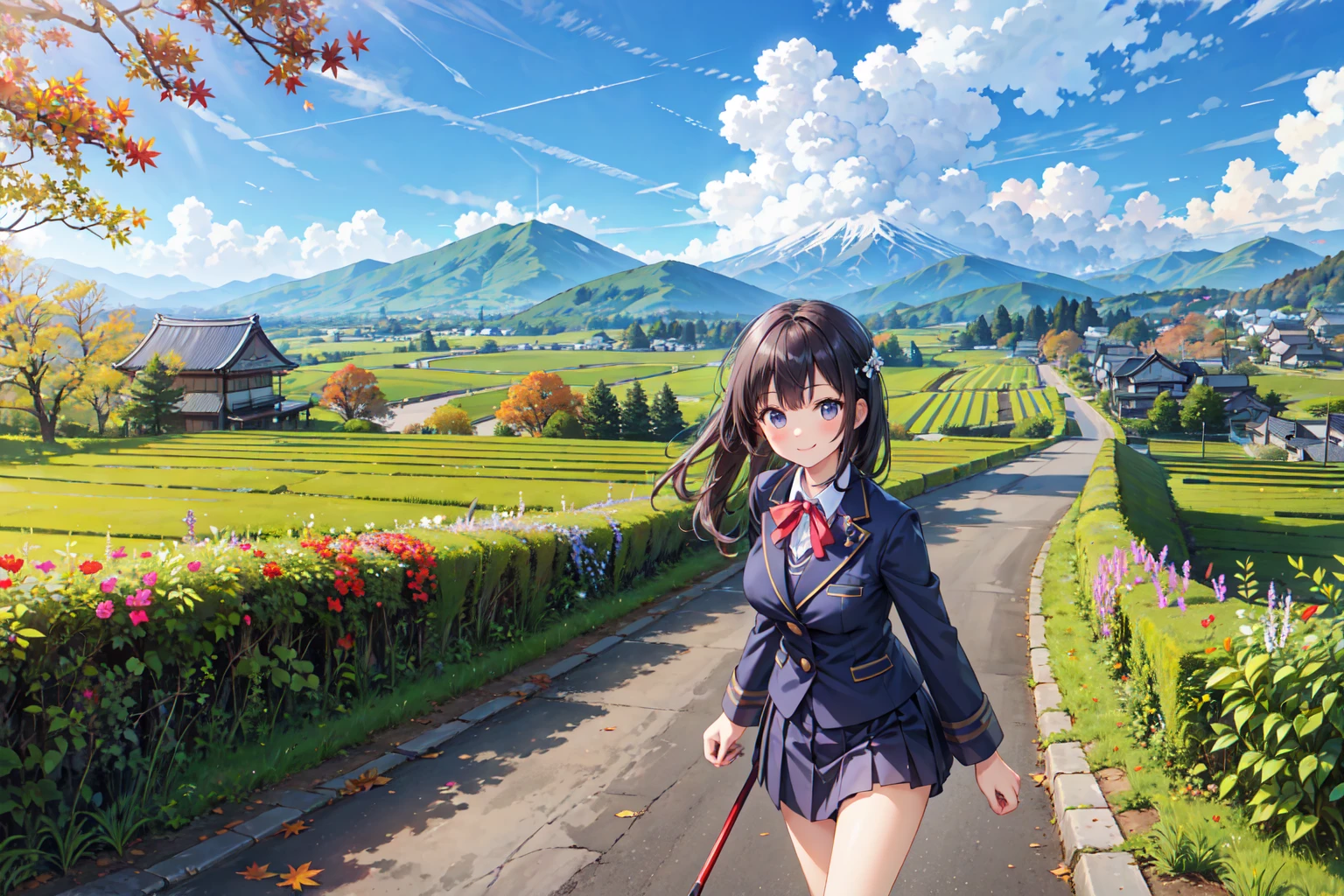 (((Masterpiece, 16k, Highest quality, Ultra-high resolution, Depth of subject))), ((Very detailed, Japanese countryside scenery, Autumn scene)), High school girl in blazer uniform, friend, 3 people, skirt, Big Breasts, Very beautiful and detailed girl, Accurate body structure, Accurate body movements, Very detailedボディ, While chatting, Very cute smile, On the way home, 3pm, Peaceful scenery, Warm sunshine, Very accurate perspective, Wide View