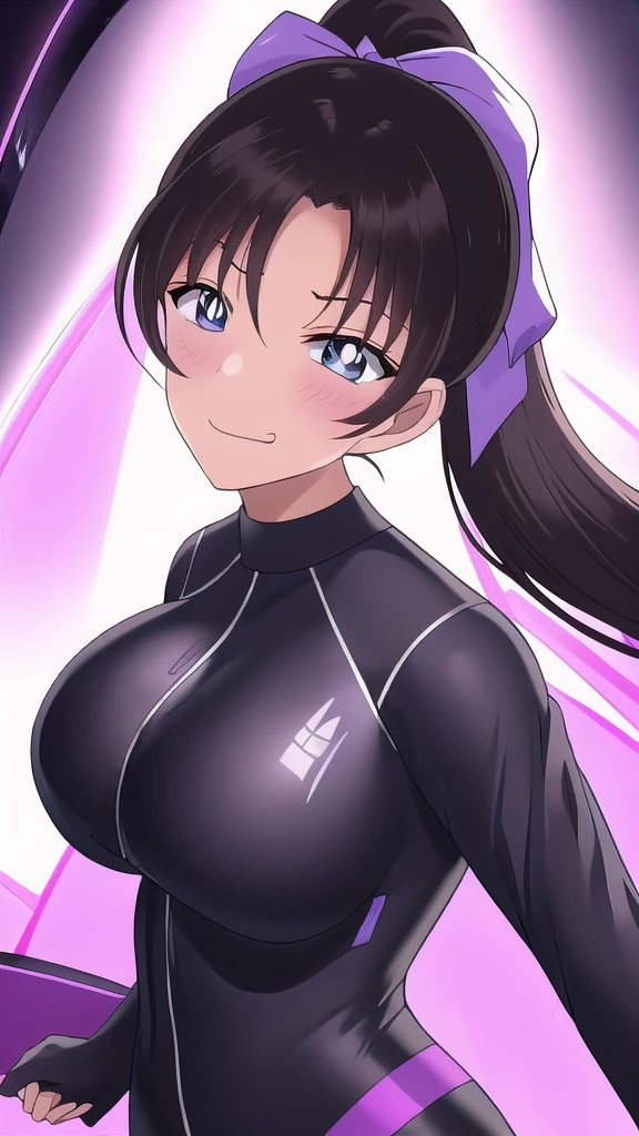  Erotic、Long ponytail volume、Ribbon hair tie、Big Breasts, Alone,teacher、 White wetsuit　Rash guard, Purple evil background、 Best Quality, Detailed face, Detailed eyes, High resolution,、Evil female executive、Evil grin、Cleavage、Sexy pose、Fallen into evil、Fall into Darkness、Dark Side、excited、lure