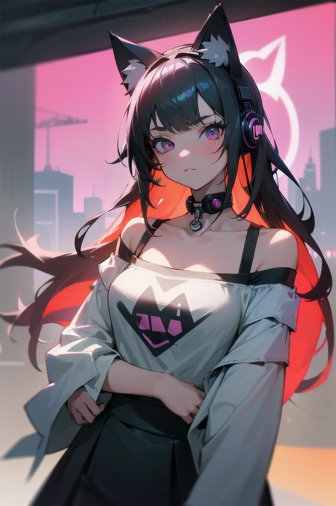 Highest quality、Highest quality、Masterpiece、girl((half、18-year-old、as soon as、Highest Bust、Medium Bust、Wide open chest、Red glowing eyes、Black Ear、Red Mesh、Disheveled Hair、Loincloth、thin、The best valley、Open chest、hair ornaments、Full body view、pants、Sports Bra、Random Pause、smile、headphone))、high quality、Beautiful Art、background((Collapsing Ground、no gravity、Floating Object、City of night))、flight、Flying Debris、Depth of text、movie、Visual Arts、Perfect Art、8K、Genuine、Special Angles